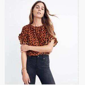 Madewell Velvet Memento Ruffle-Sleeve Top in Leopard Dot, Sz M, EUC